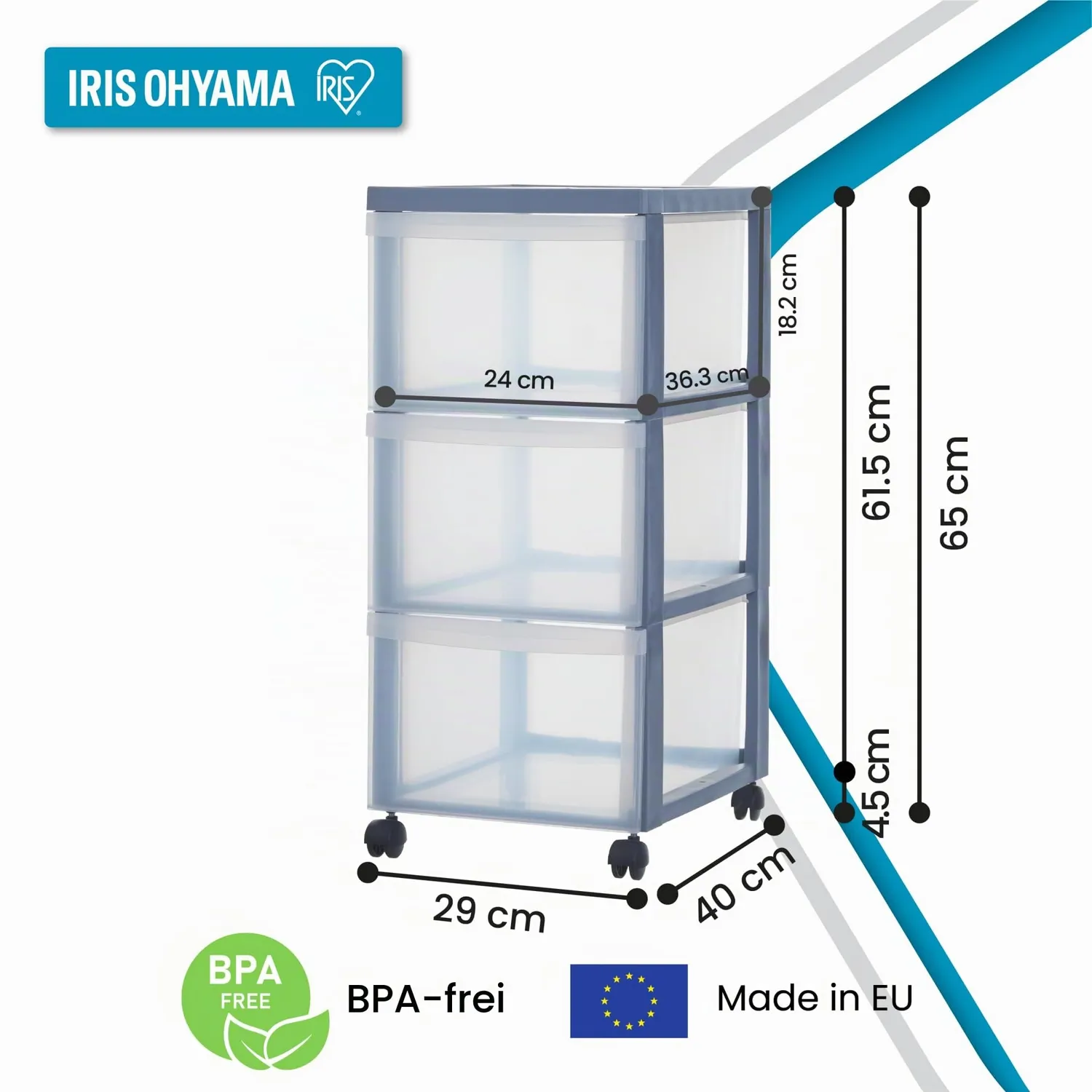 Iris Ohyama DC-303 Schubladenbox 3x15L silber