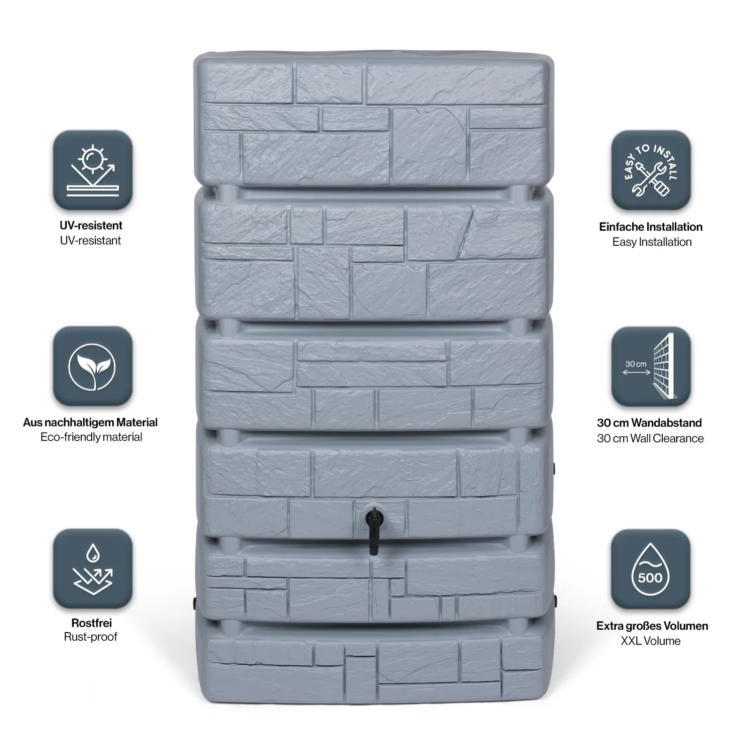 Kreher Tower Stone Wassertank 500 Liter Grau mit Hahn Steinoptik