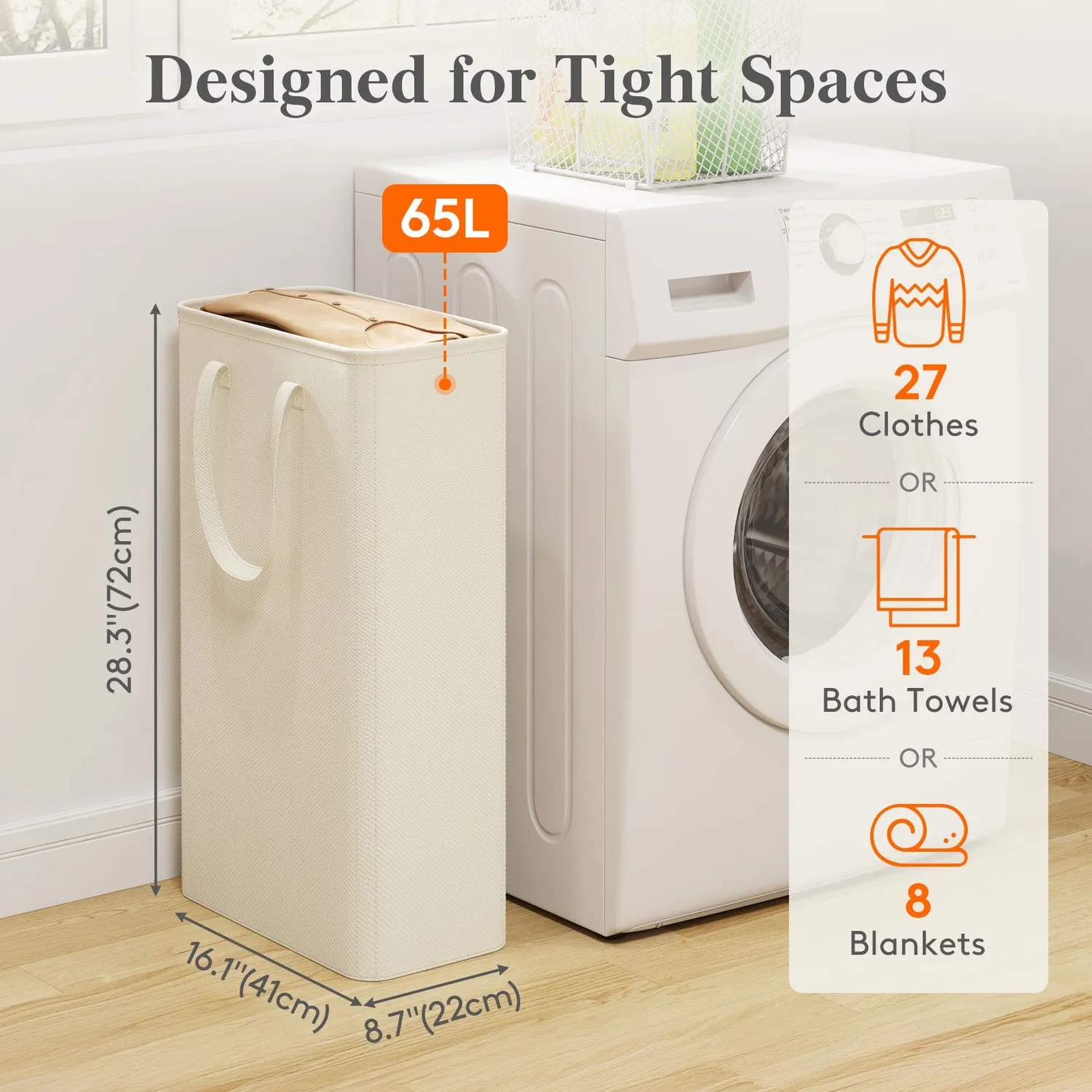 Lifewit Wäschekorb 65L schmal faltbar Beige mit Griff