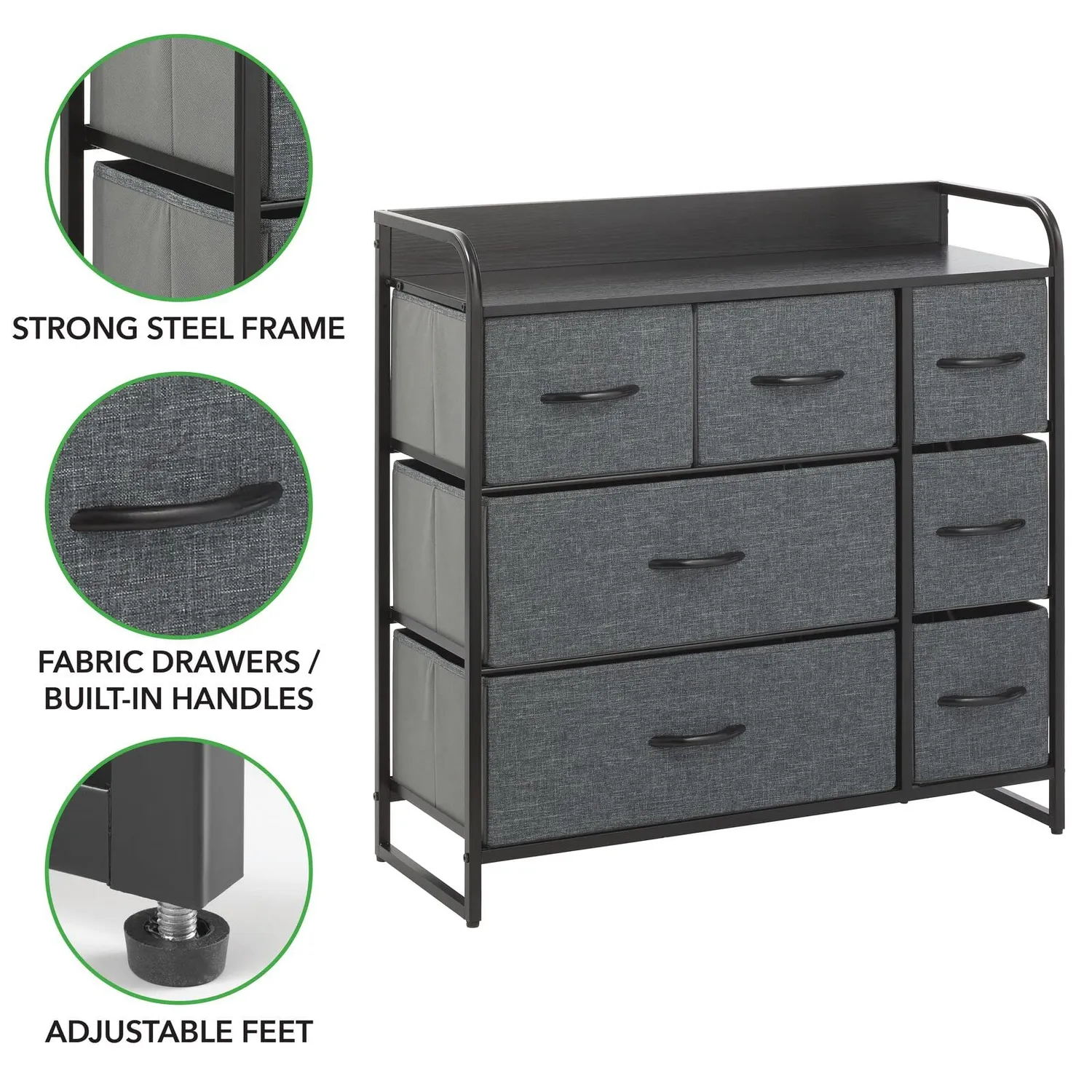 mDesign Kommode 7 Schubladen Schwarz Grau Stoff