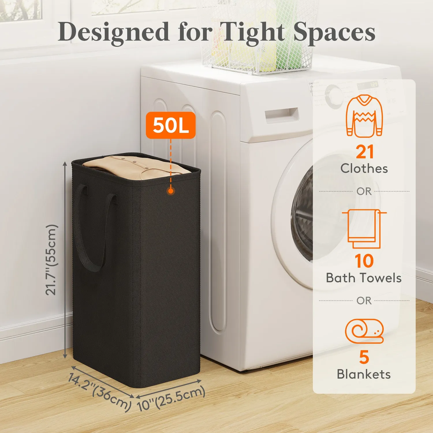 Lifewit Slim Wäschekorb 50L Schwarz schmal wasserdicht