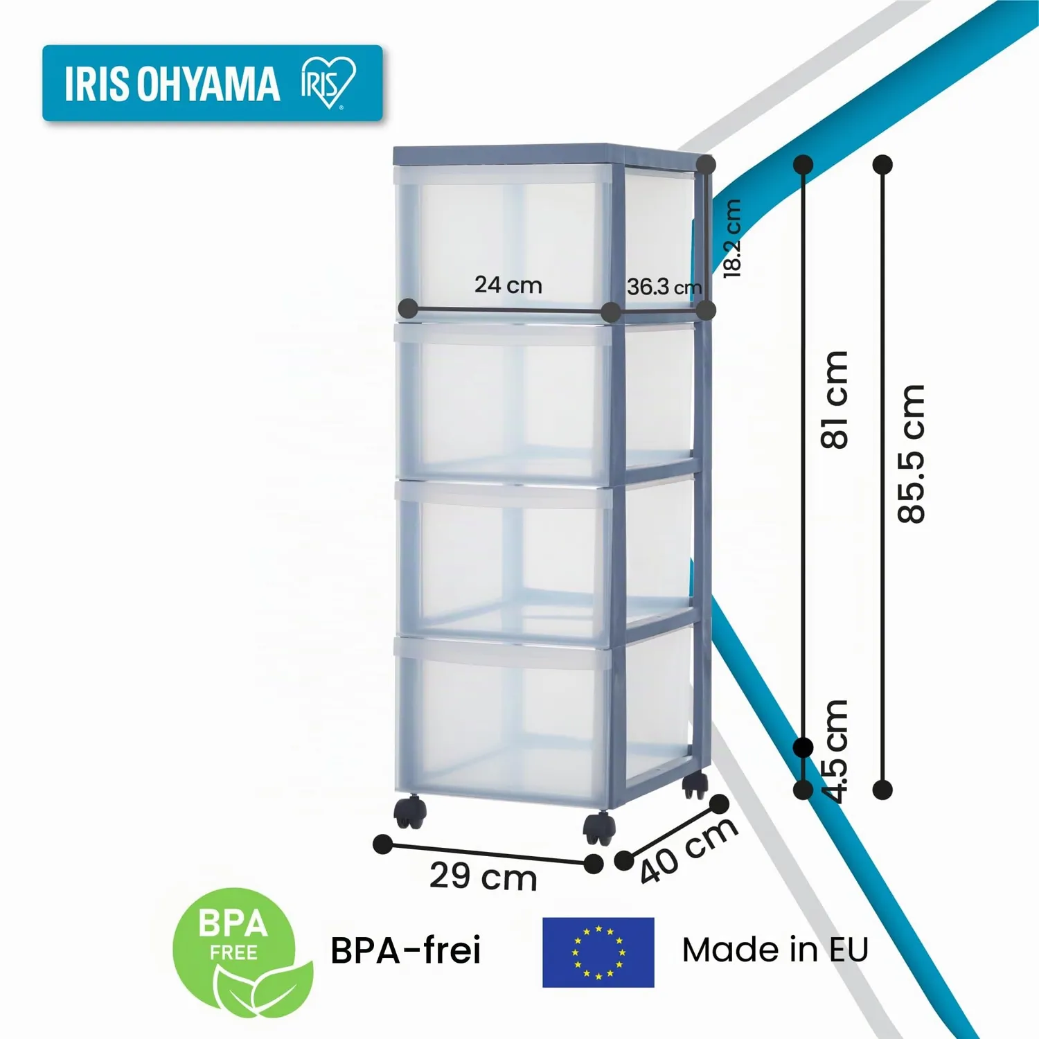 Iris Ohyama DC-304 Rollcontainer 4x15L Silber