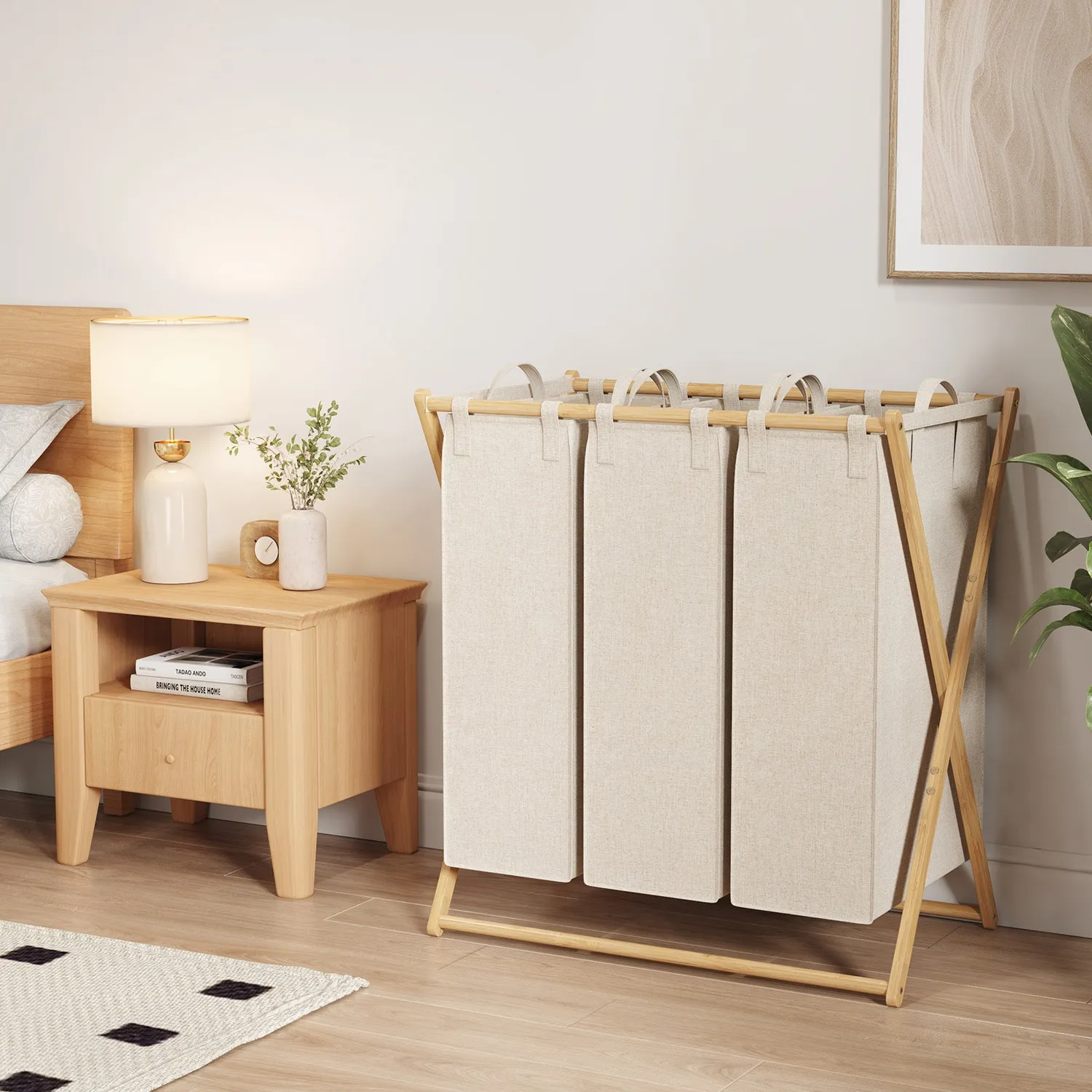 Lifewit Wäschekorb Bambus 3 Fächer Grau 150L