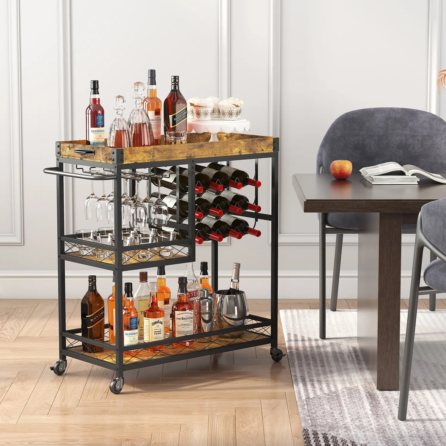 Lifewit Barwagen 3 Etagen Servierwagen mit Weinregal Schwarz