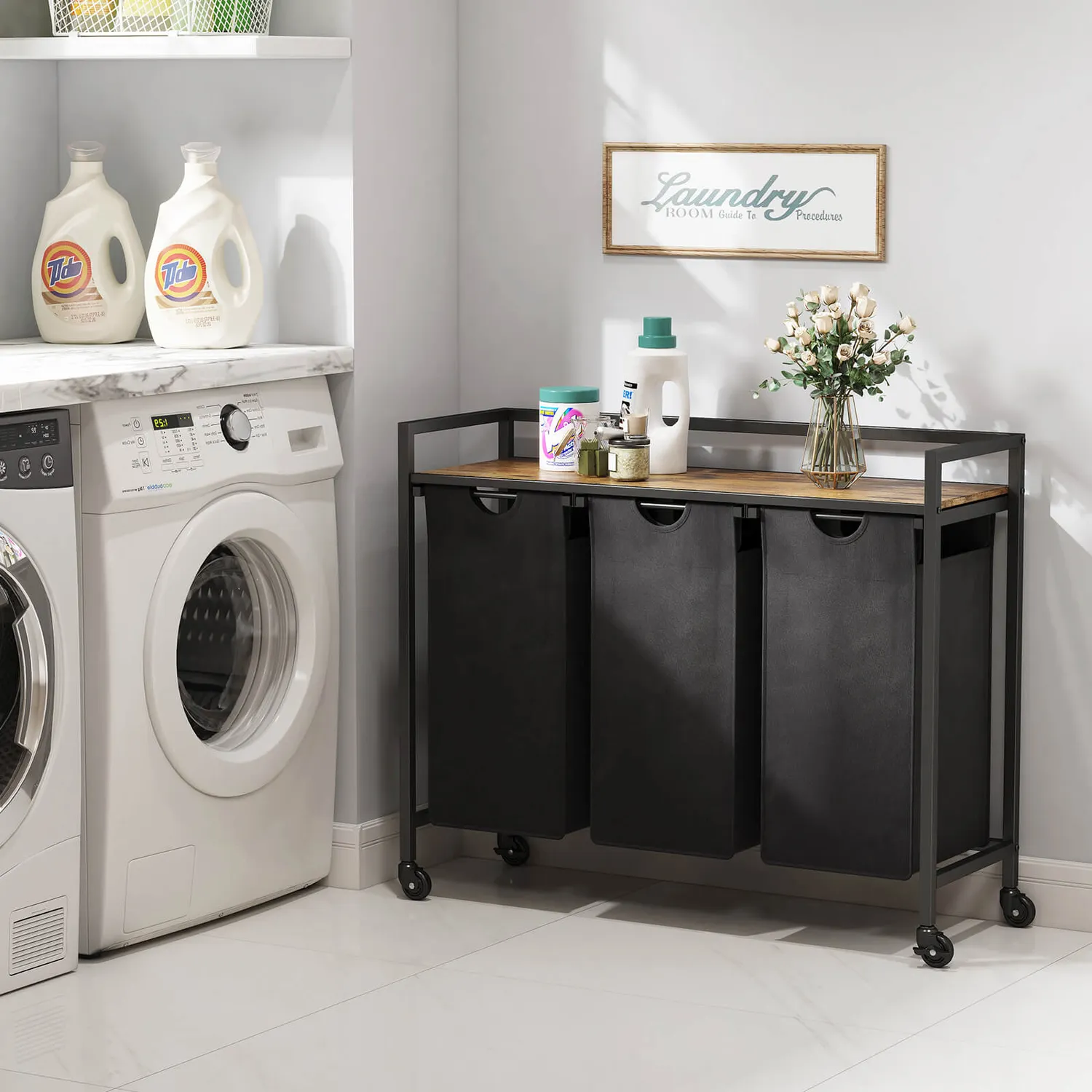 Lifewit Wäschekorb Schwarz 120L 3 Fächer mit Rollen