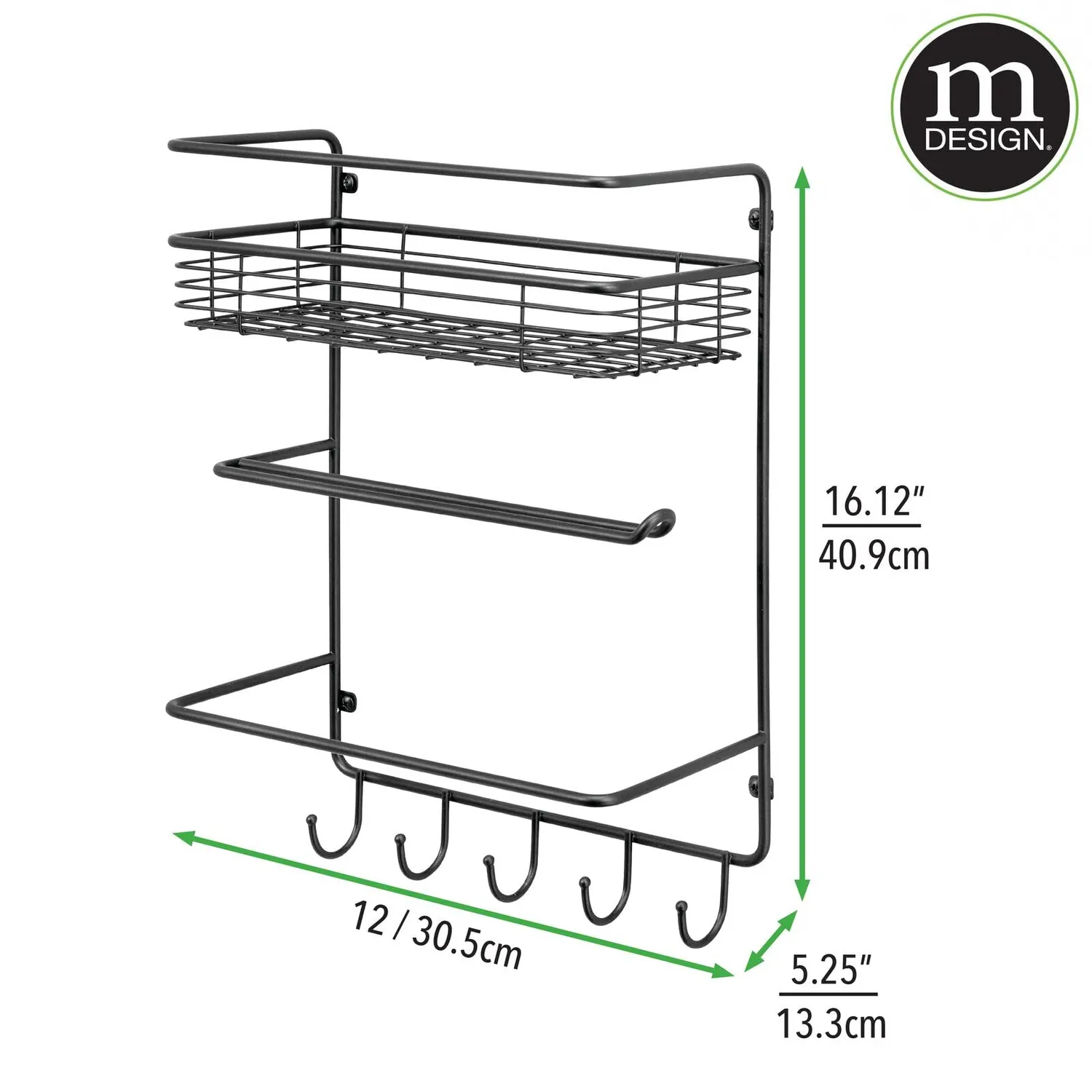 mDesign Papierrollenhalter Wandregal Korb 4 Haken Schwarz