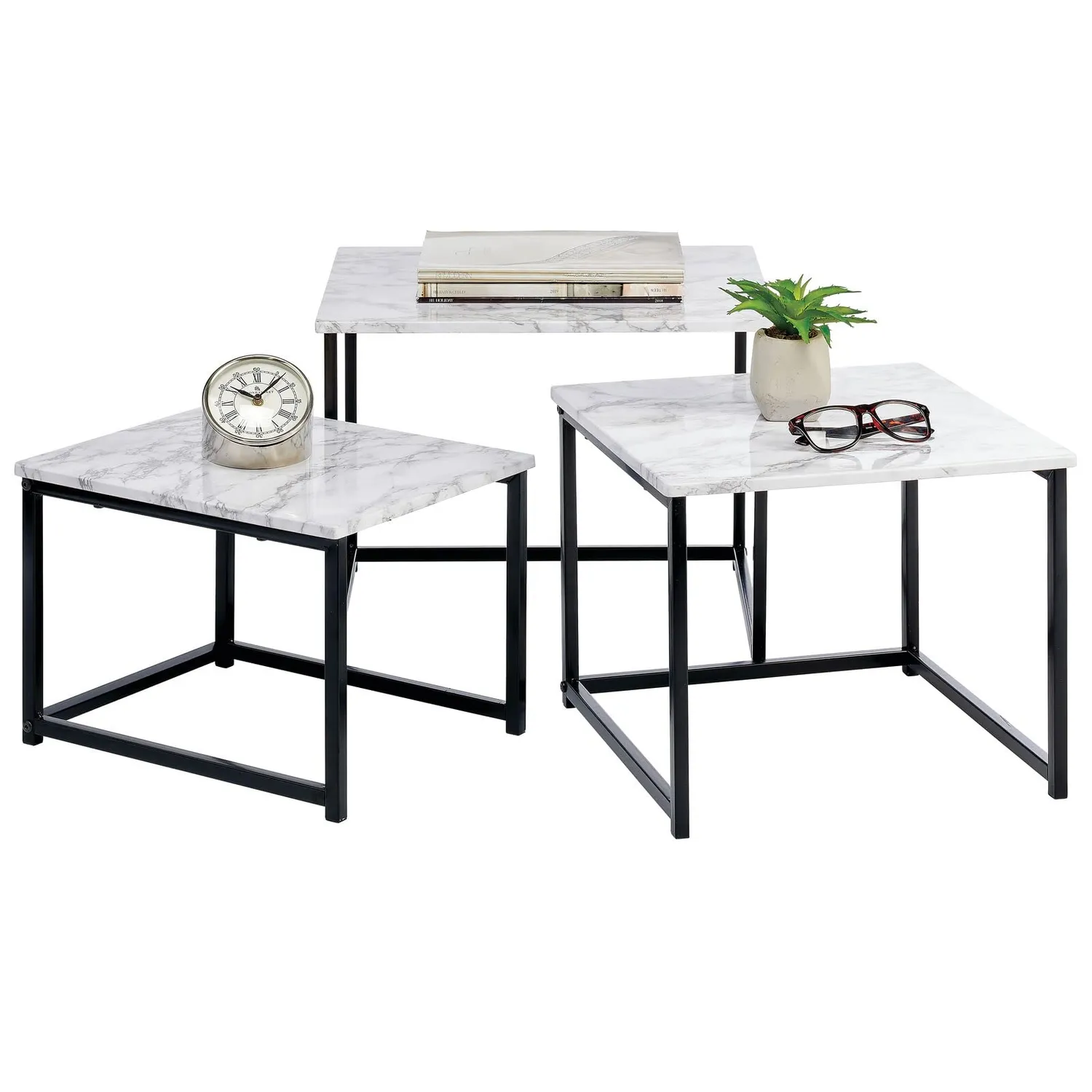 mDesign Couchtisch 3er-Set Marmor schwarz Industrial Holz
