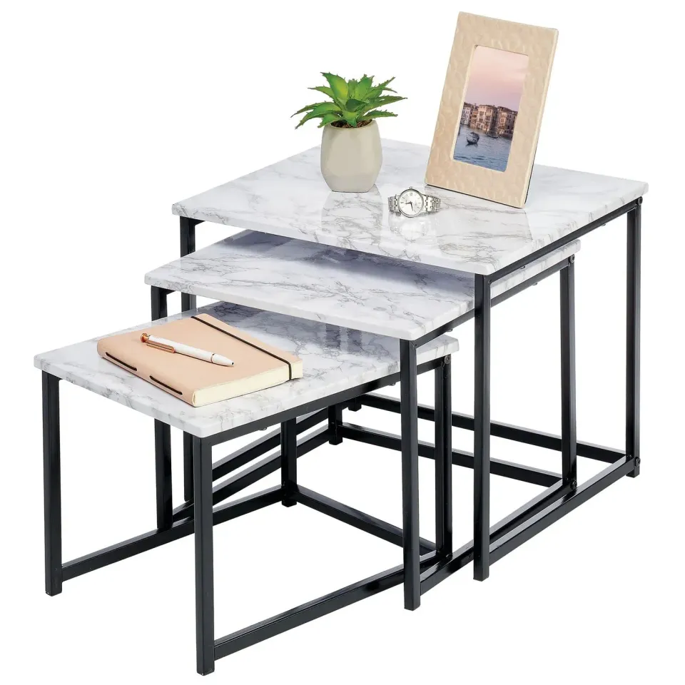 mDesign Couchtisch 3er-Set Marmor schwarz Industrial Holz
