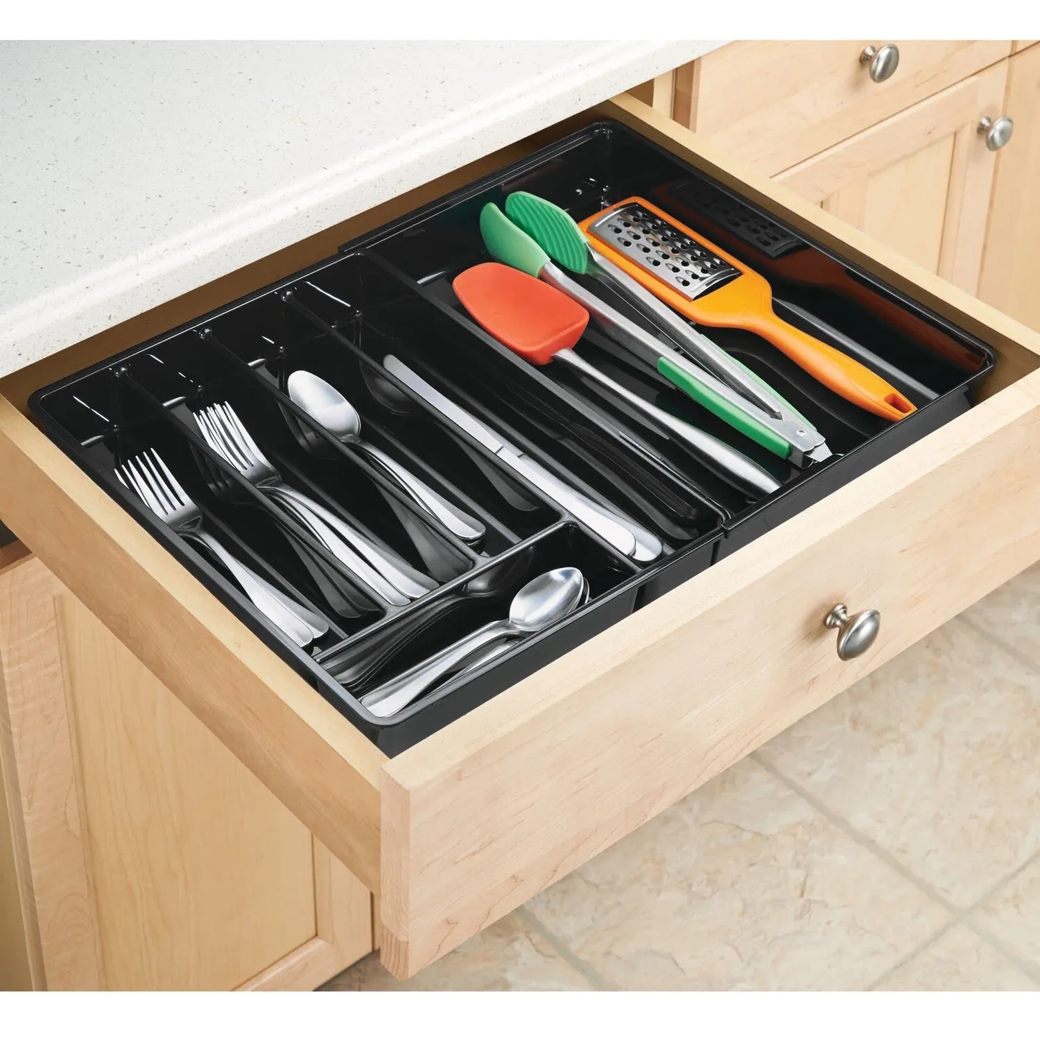 mDesign Besteckkasten Schublade 6 Fächer schwarz 36,5cm rutschfest