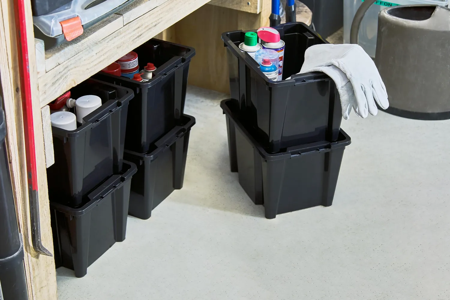 Iris Ohyama HB-15 Aufbewahrungsbox schwarz 15L 6er-Set offen