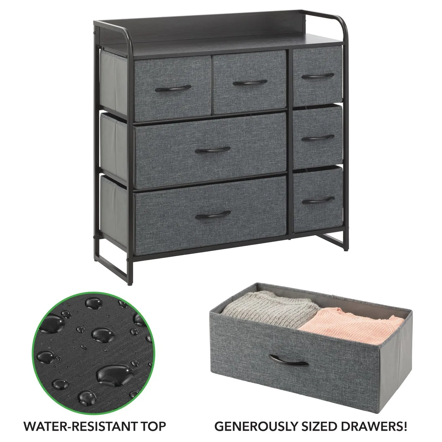 mDesign Kommode 7 Schubladen Schwarz Grau Stoff