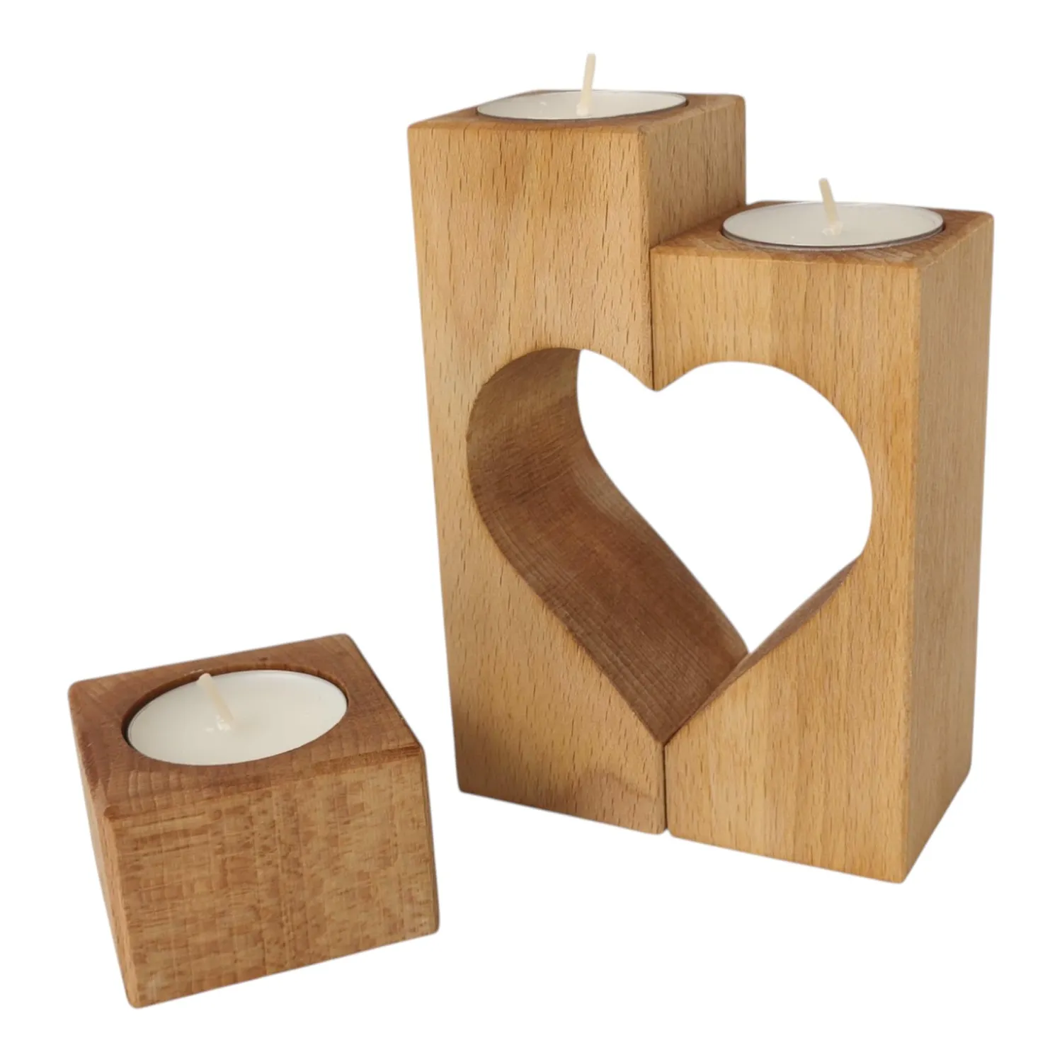 GoodFreshDecor Kerzenständer Buche 3er-Set natur geölt Herz