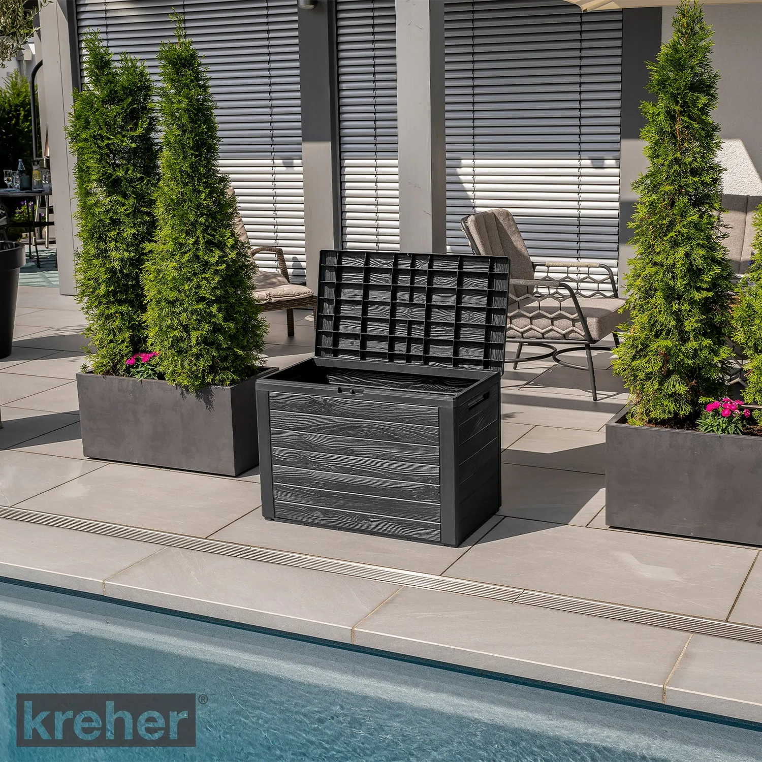 Kreher Wood Kissenbox 190 Liter Anthrazit Holzoptik frostsicher