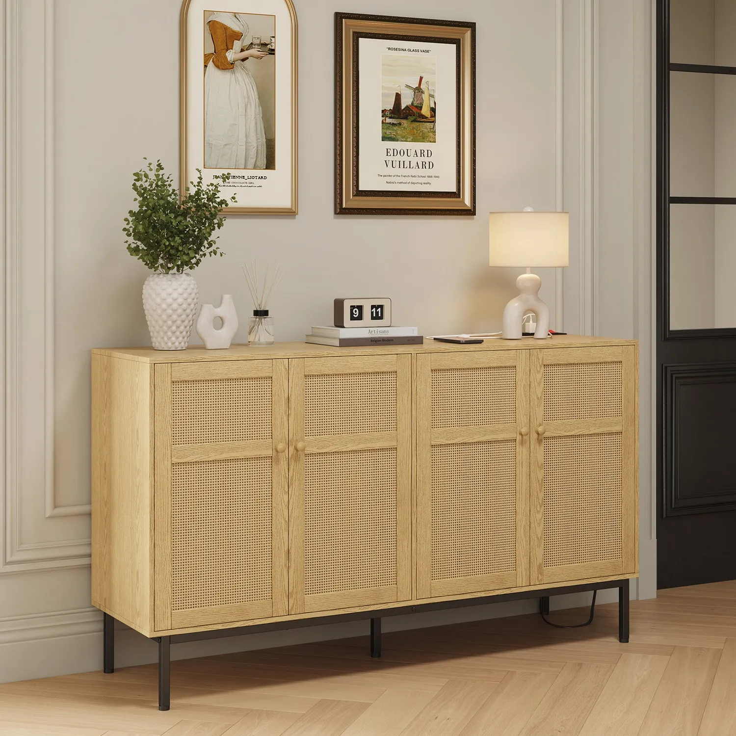 Lifewit Rattan Sideboard 4 Türen Natur mit Steckdose