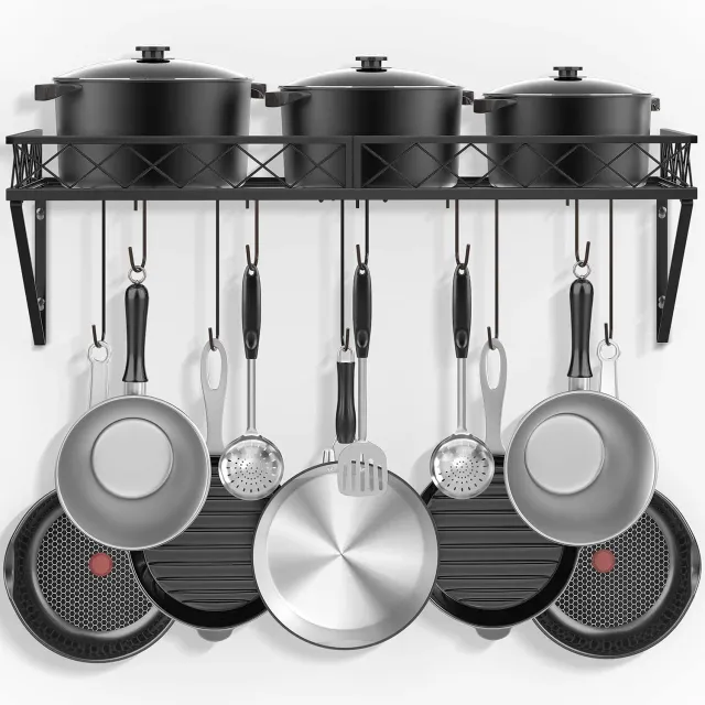 BOMCLAP Küchenregal Pfannenhalter Eisen schwarz 70 cm mit 10 Haken