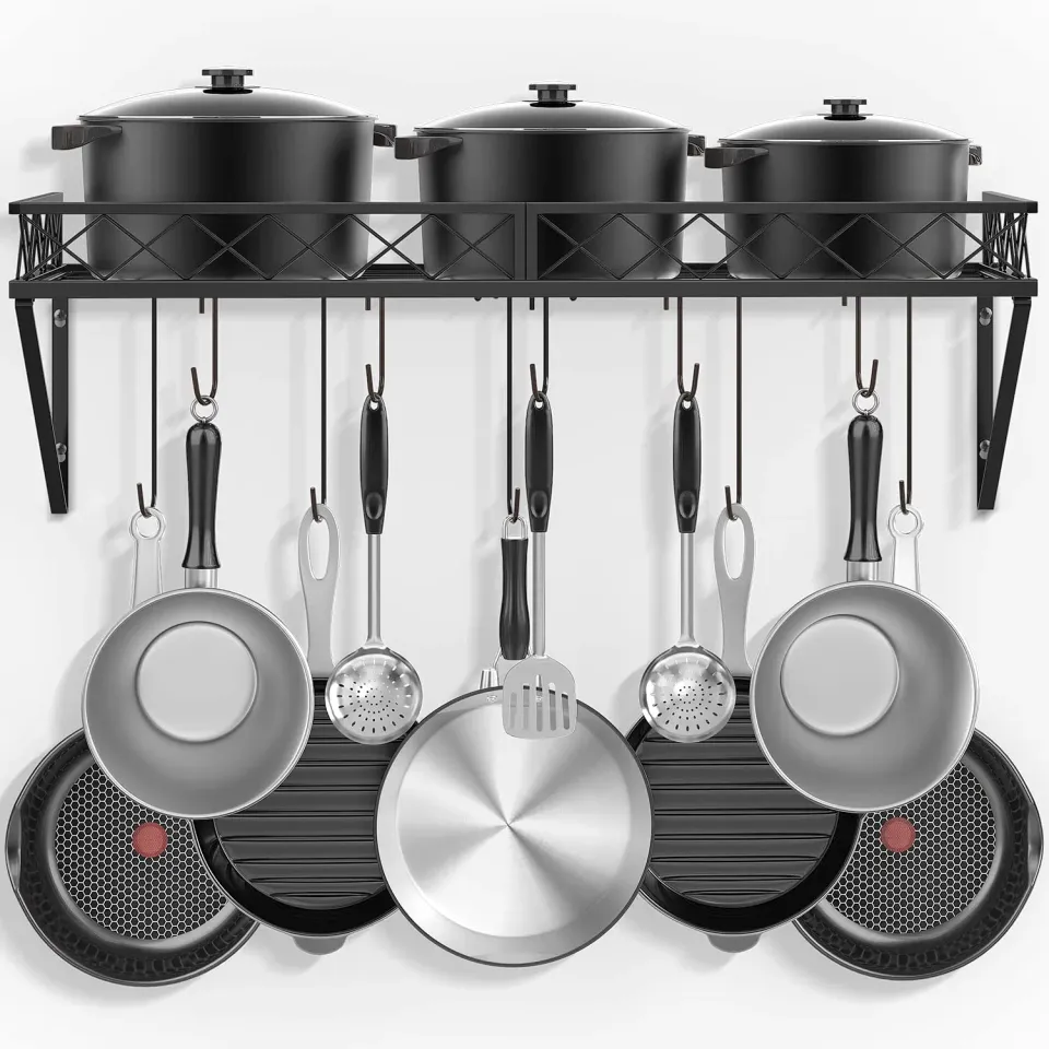 BOMCLAP Küchenregal Pfannenhalter Eisen schwarz 70 cm mit 10 Haken