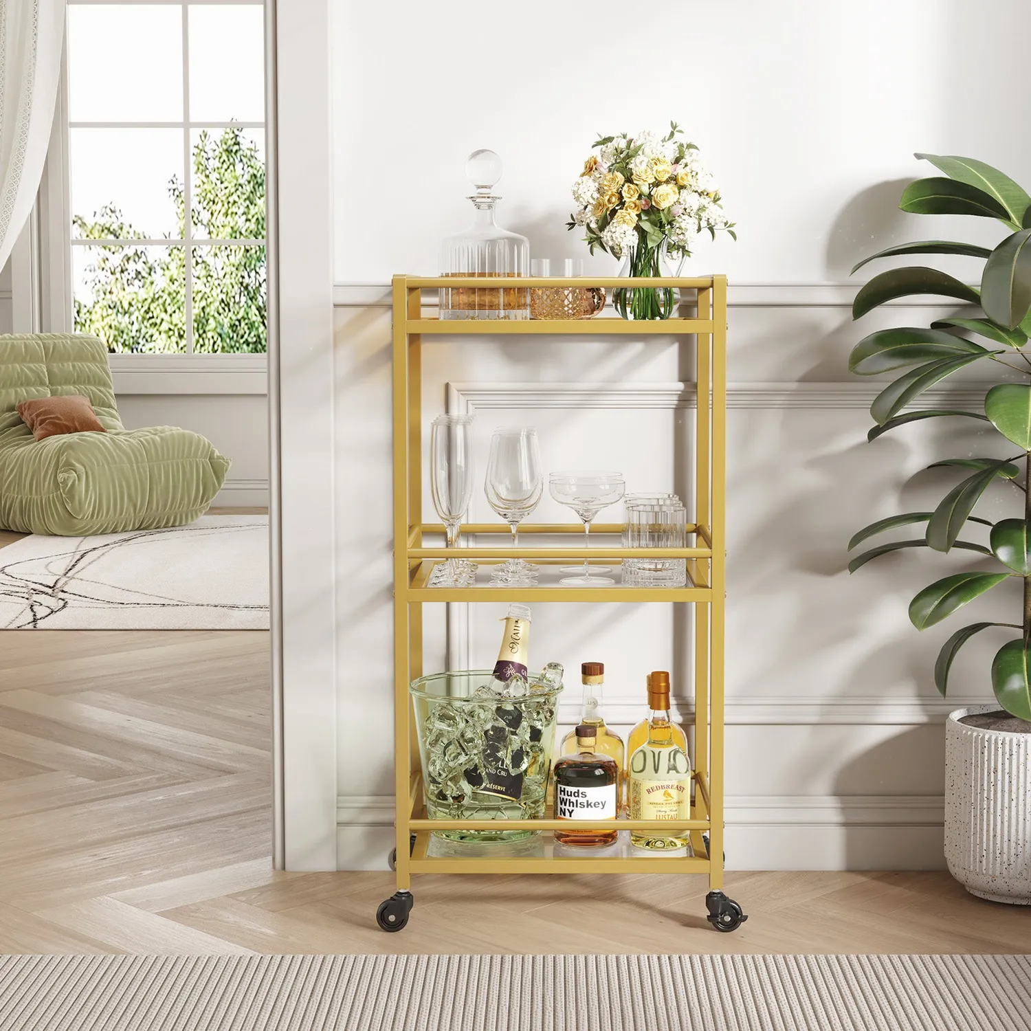 Lifewit Servierwagen Gold Glas 3-stöckig mit Rollen