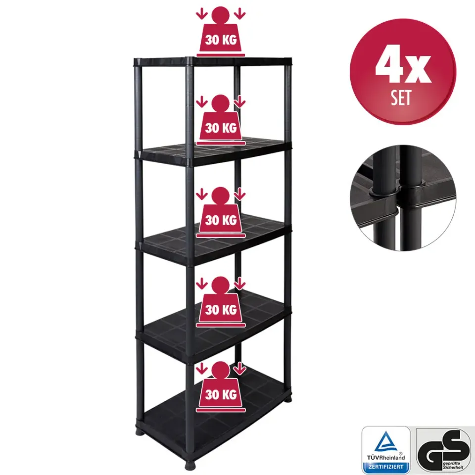 Kreher Platin Kunststoffregal Schwarz 5 Böden 4er-Set
