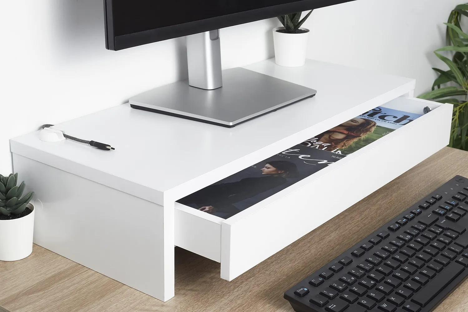 Iris Ohyama Monitor Stand Drawer MS-590D Ständer Eiche Weiß
