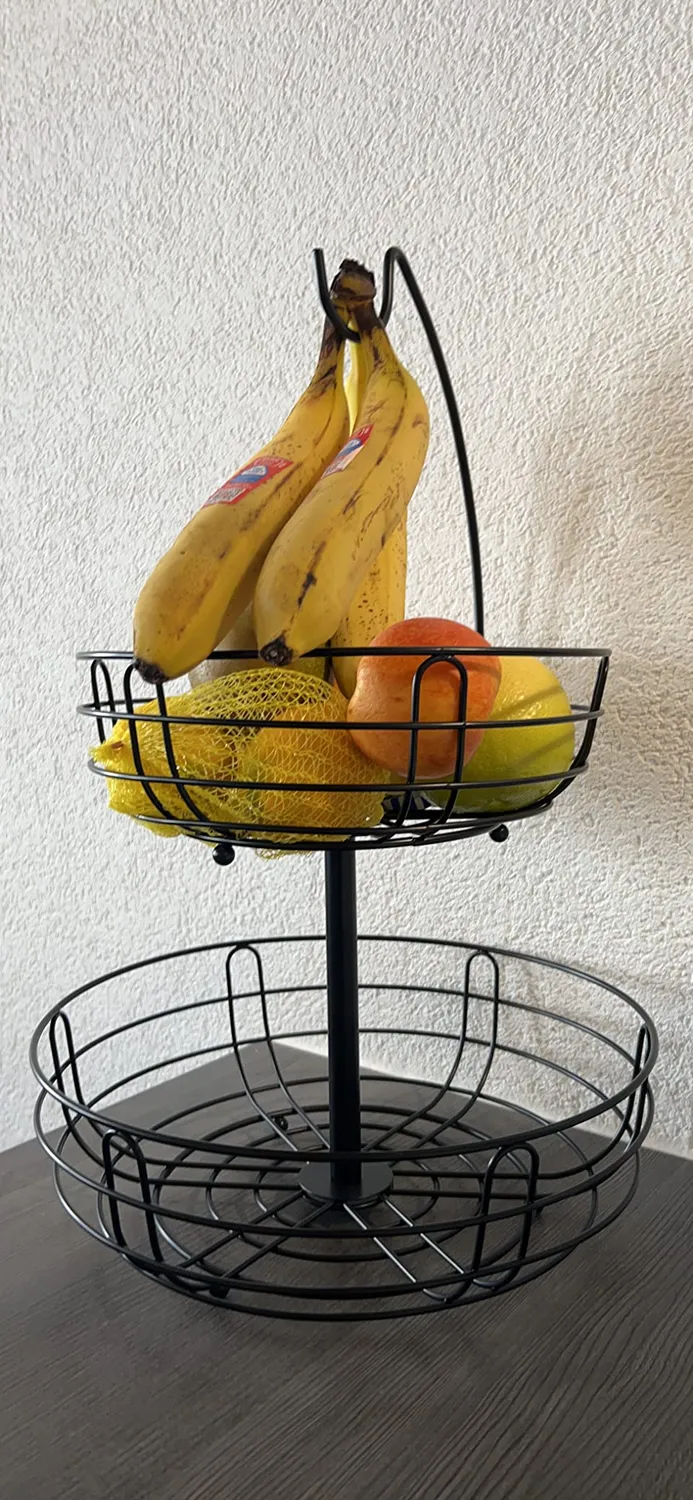 BOMCLAP Obstkorb 2-stöckig Metall Schwarz mit Bananenhalter