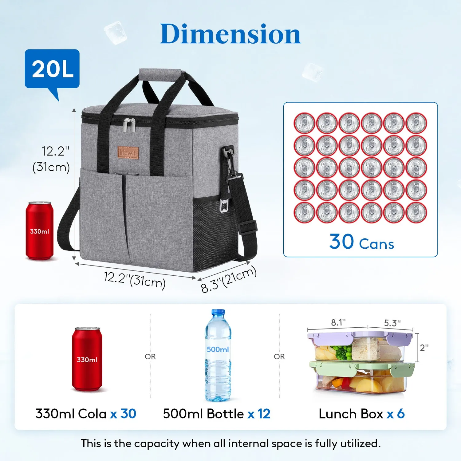 Lifewit Kühltasche 30 Dosen 20L Grau isoliert