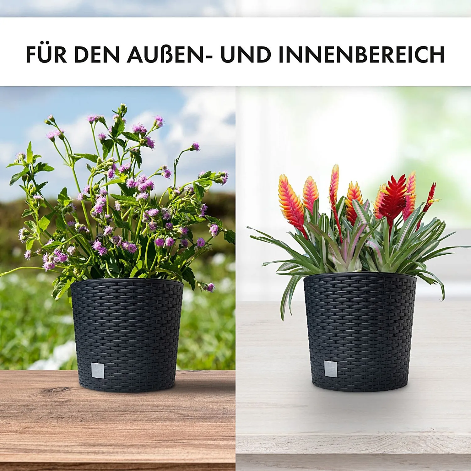 astor24 Blumentopf Rattan-Optik 20 cm schwarz mit Einsatz