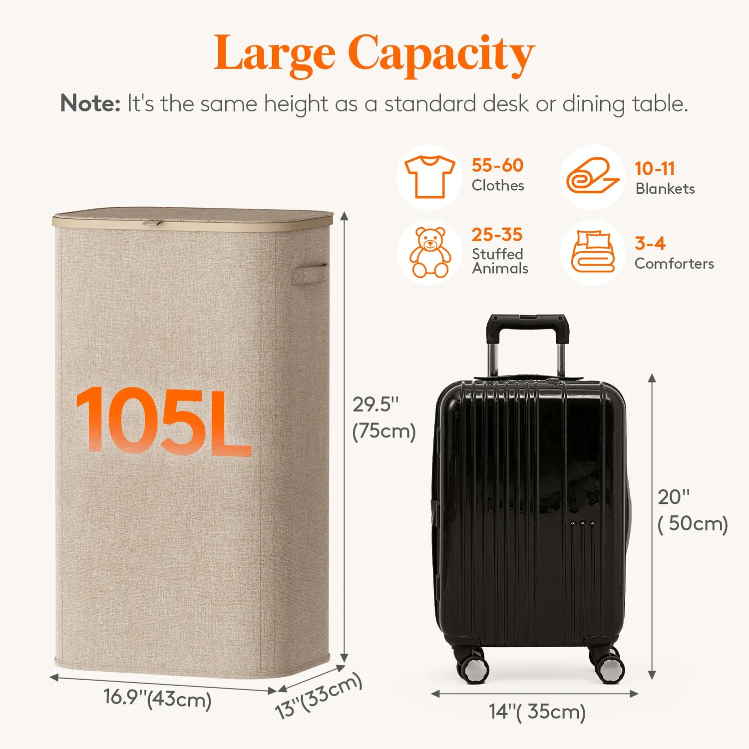 Lifewit 105L Wäschekorb mit Deckel Beige reissfest
