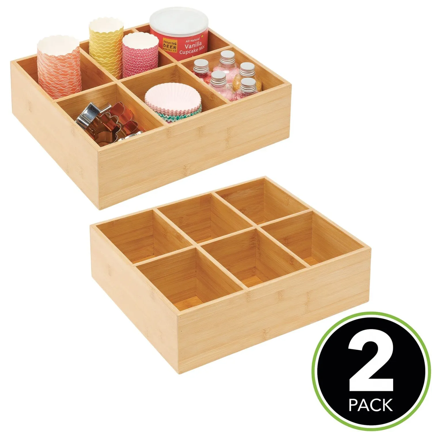 mDesign Teebox Bambus 6 Fächer 2er-Set natur 35,6 cm Holzkiste
