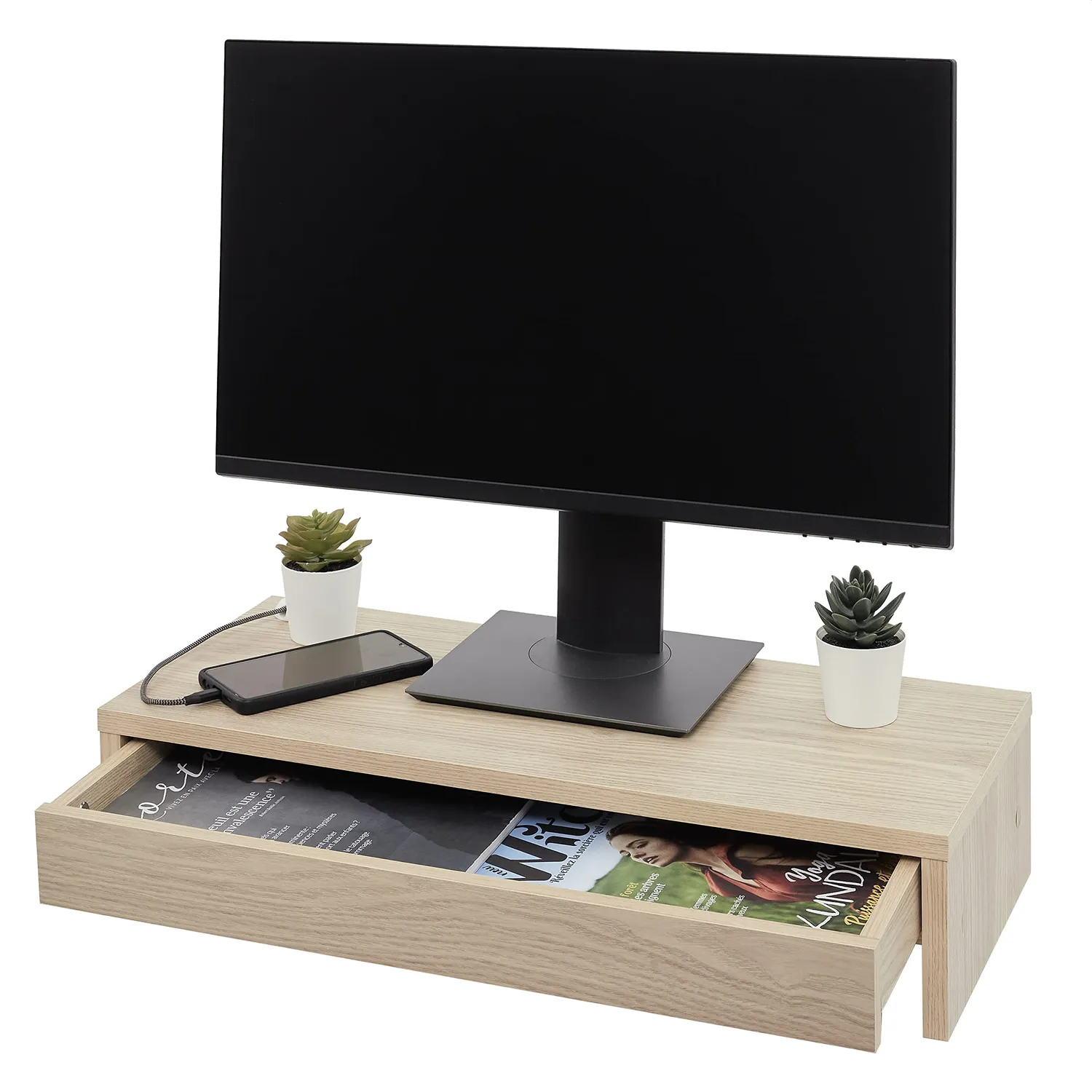 Iris Ohyama MS-590D Monitorständer Hellbraun mit Schublade