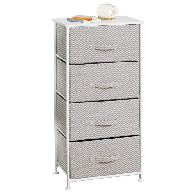 mDesign Kommode mit 4 Schubladen Stoffschrank Taupe-Weiß Zickzack