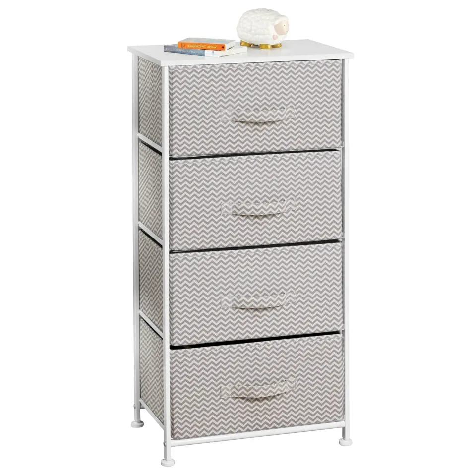mDesign Kommode mit 4 Schubladen Stoffschrank Taupe-Weiß Zickzack