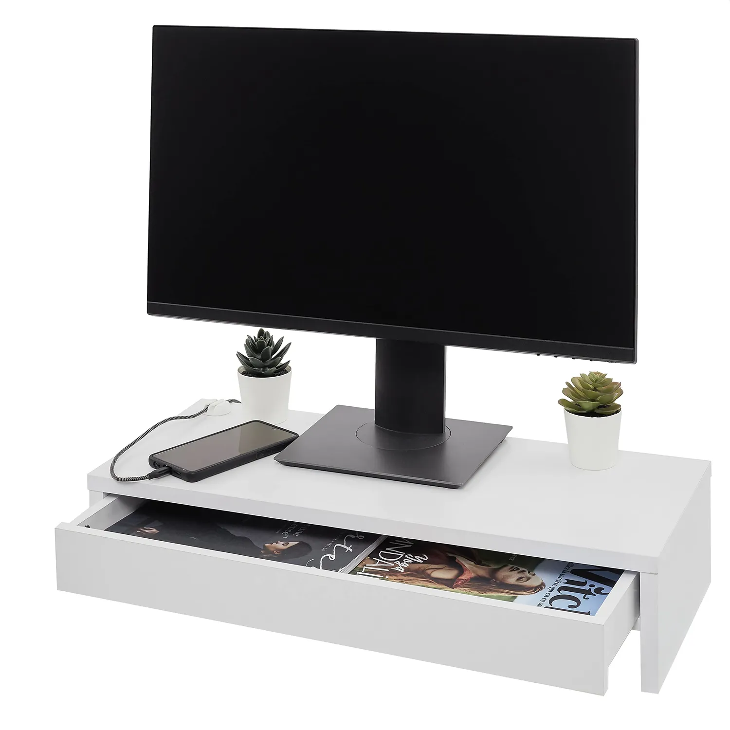 Iris Ohyama Monitor Stand Drawer MS-590D Ständer Eiche Weiß