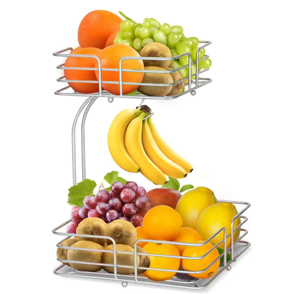 BOMCLAP Obstkorb 2 Etagen Metall Obstschale mit Bananenhalter silber
