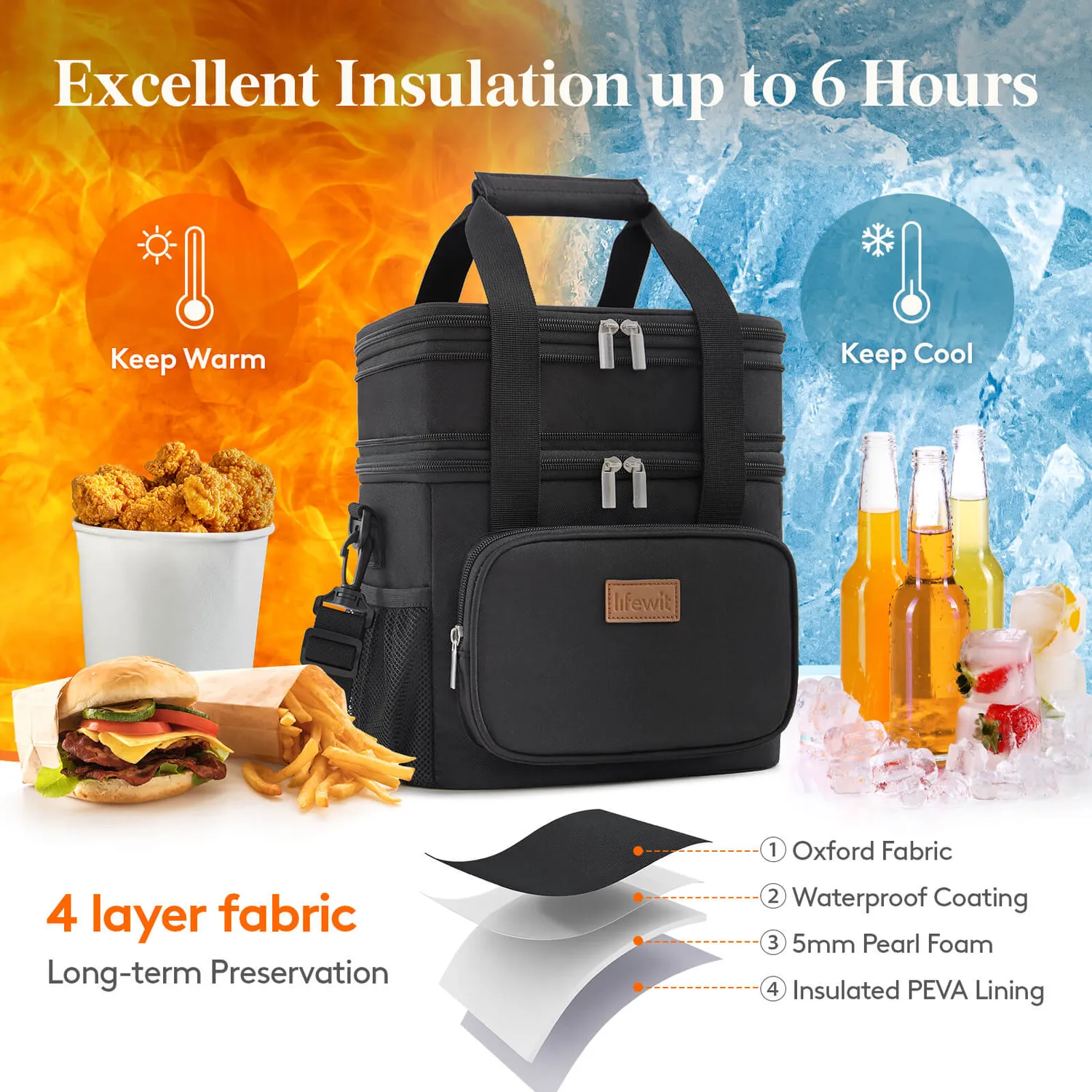 Lifewit Double Deck Kühltasche Large schwarz isoliert