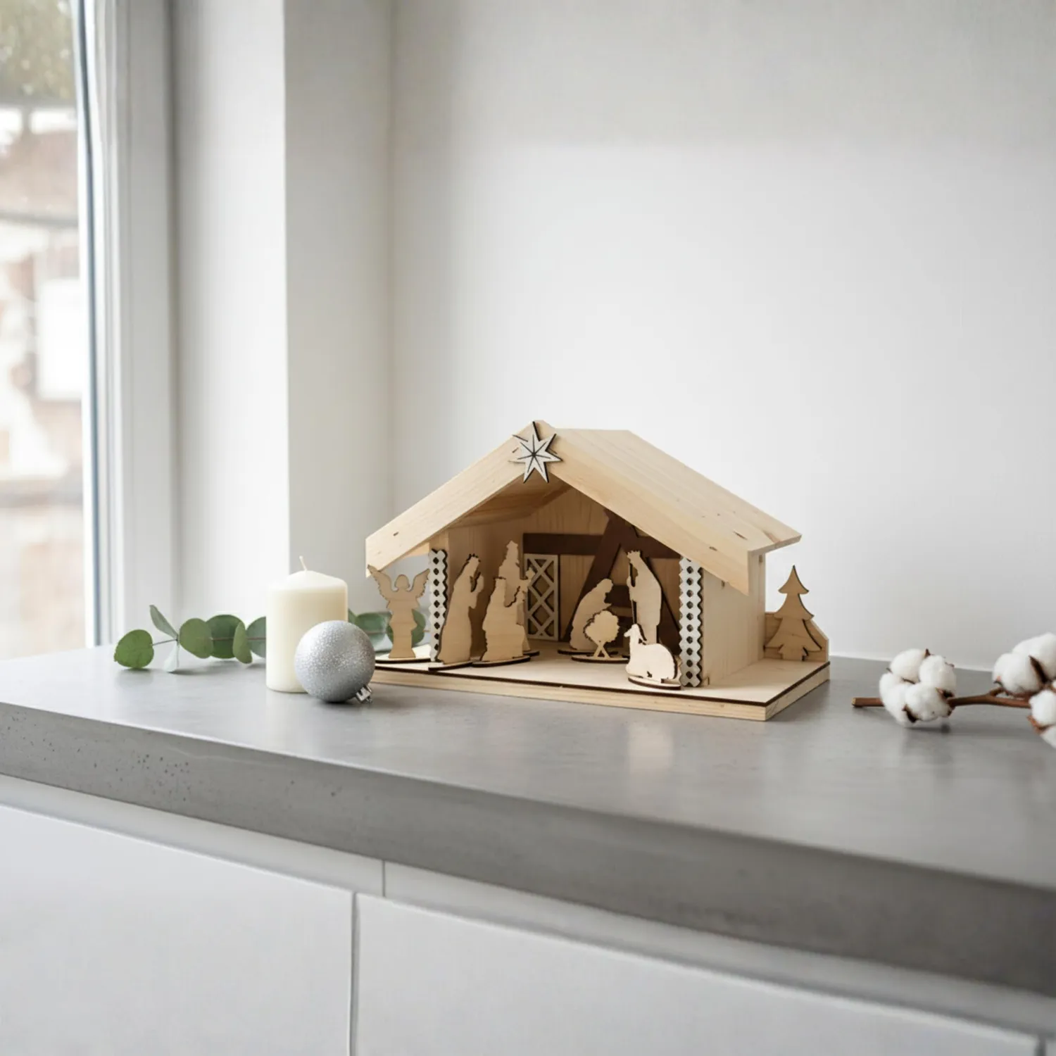 GoodFreshDecor Weihnachtskrippe Holz 8 Figuren 39 cm Natur