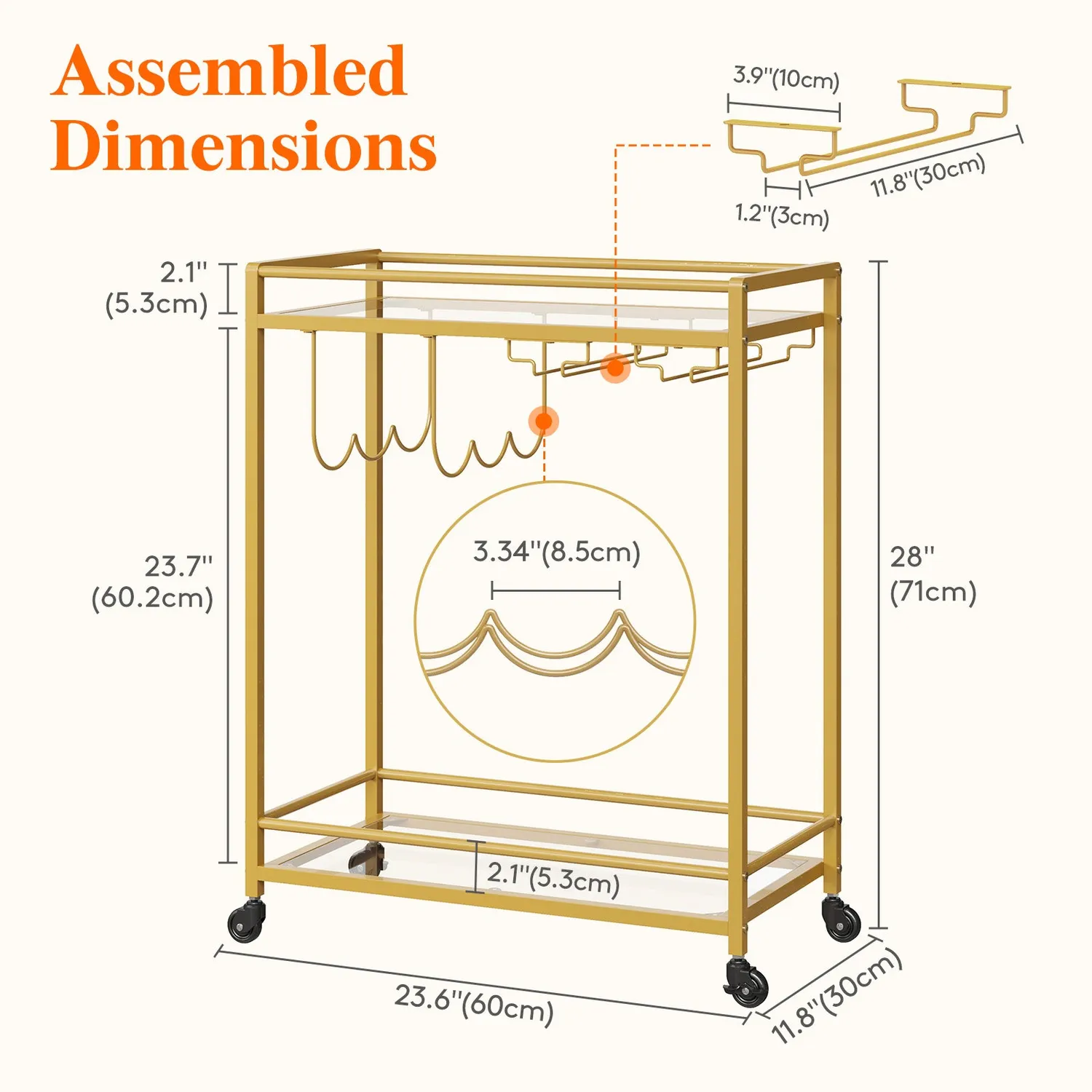 Lifewit Servierwagen Glas Gold 60 cm 2-stöckig