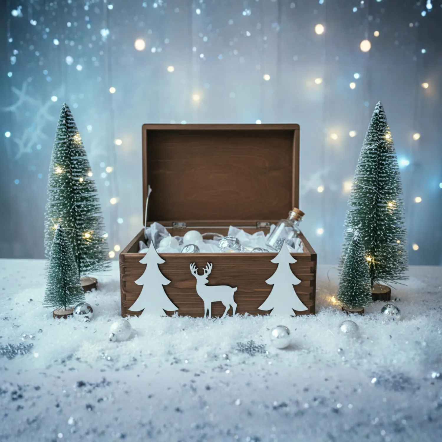 GoodFreshDecor Holzbox Weihnachten 30x20x14 cm Tanne Rentier braun
