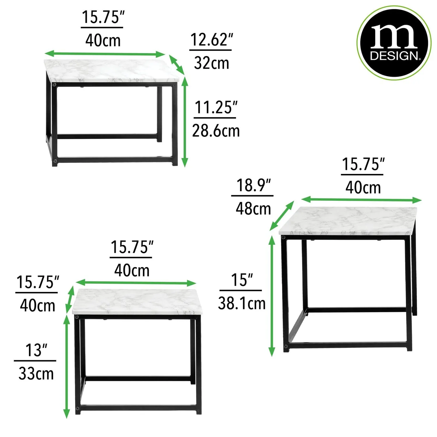 mDesign Couchtisch 3er-Set Marmor schwarz Industrial Holz
