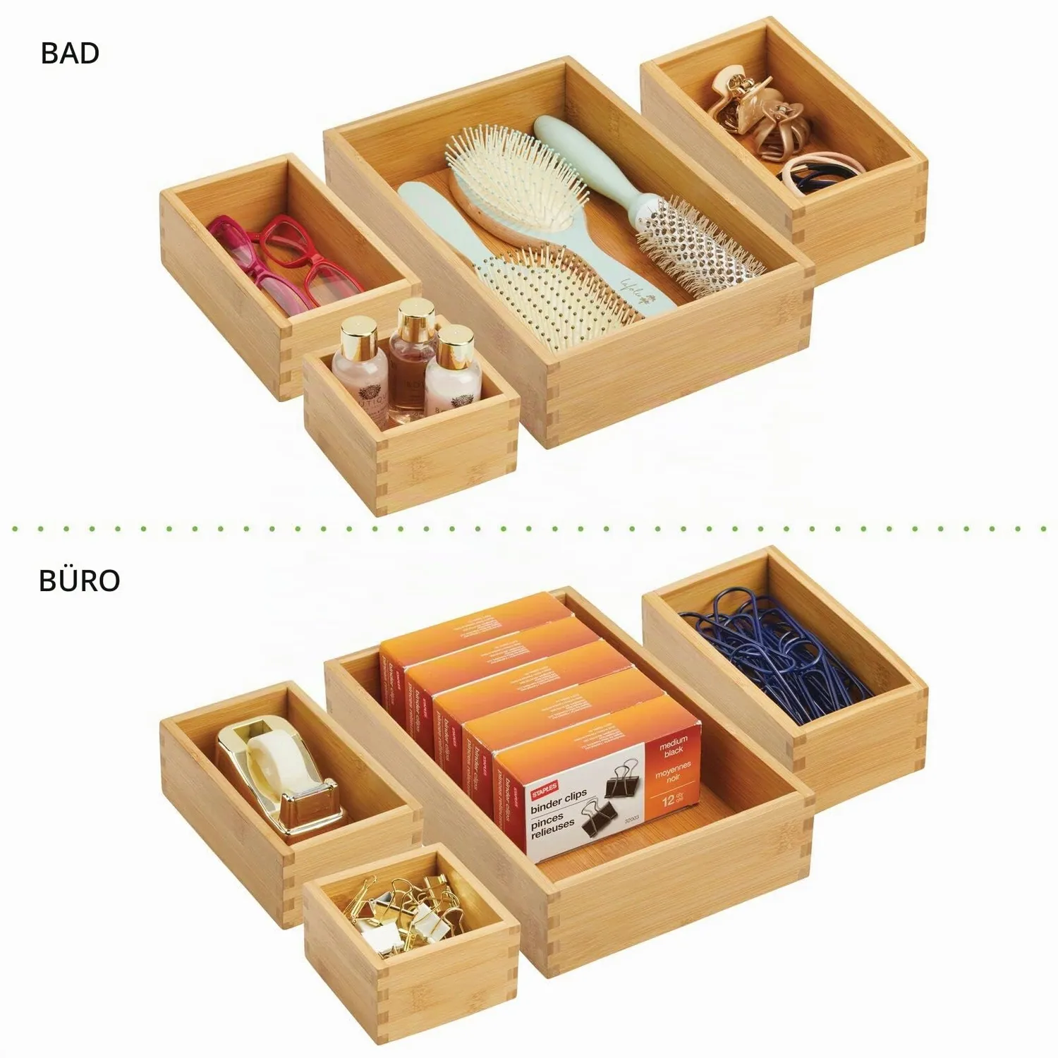 mDesign Schubladenbox Bambus 4er-Set Natur Besteck