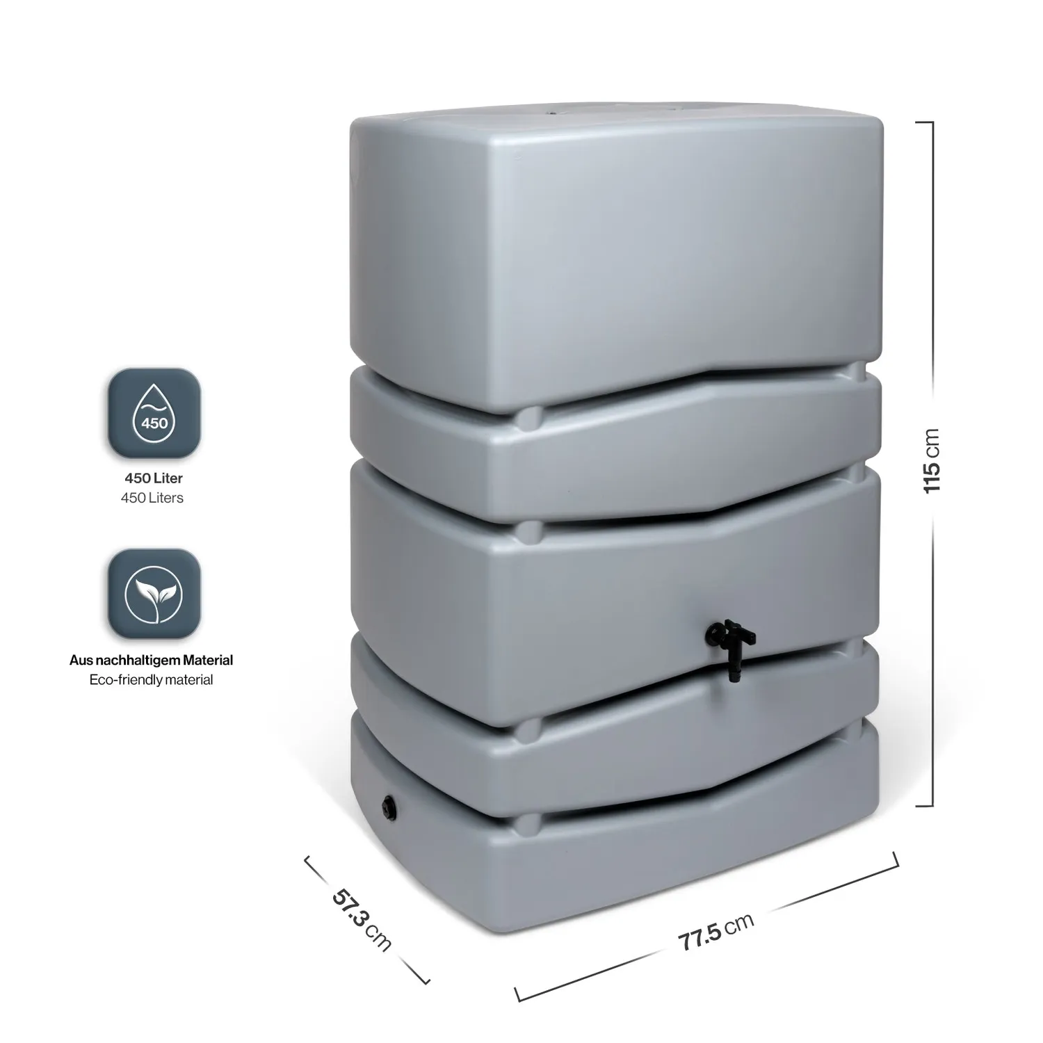 Kreher Aqua Tower Regentonne Grau 450 Liter mit Hahn