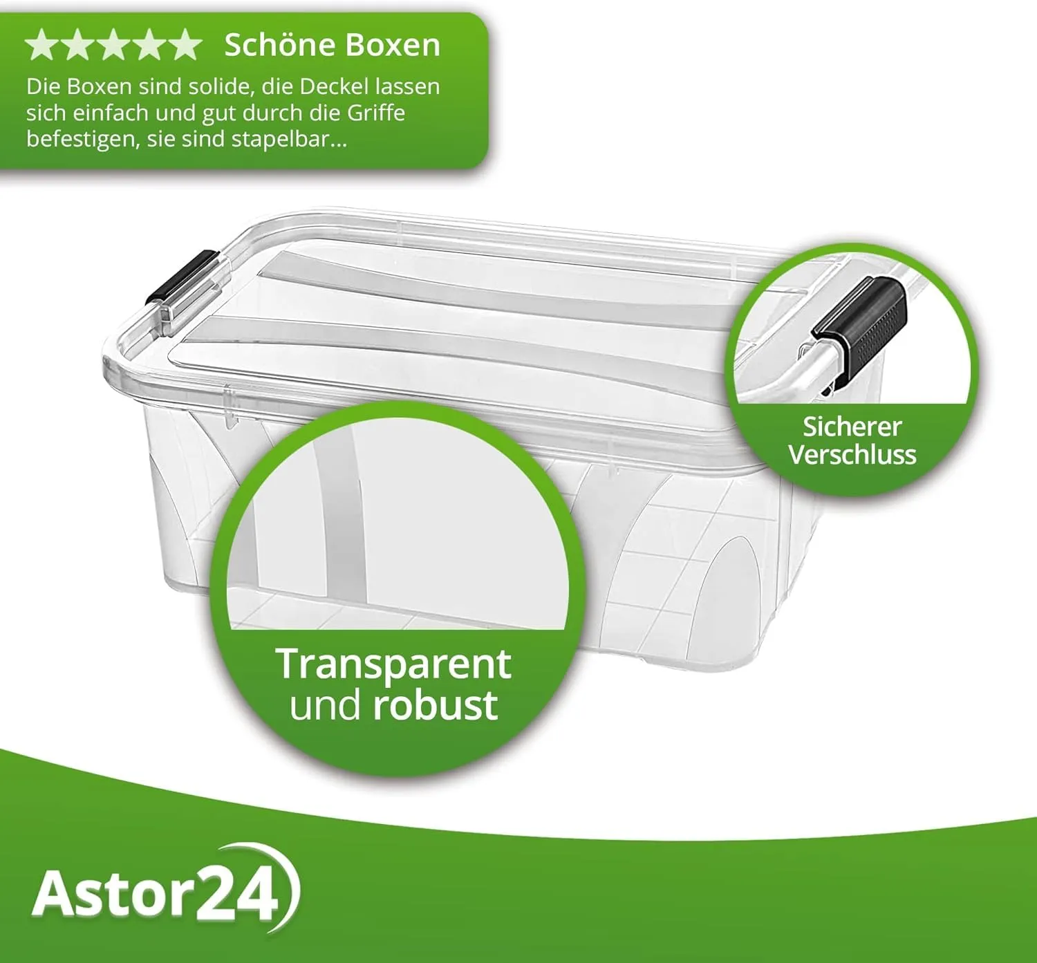 astor24 Aufbewahrungsbox 22 Liter transparent 3er-Set Deckel