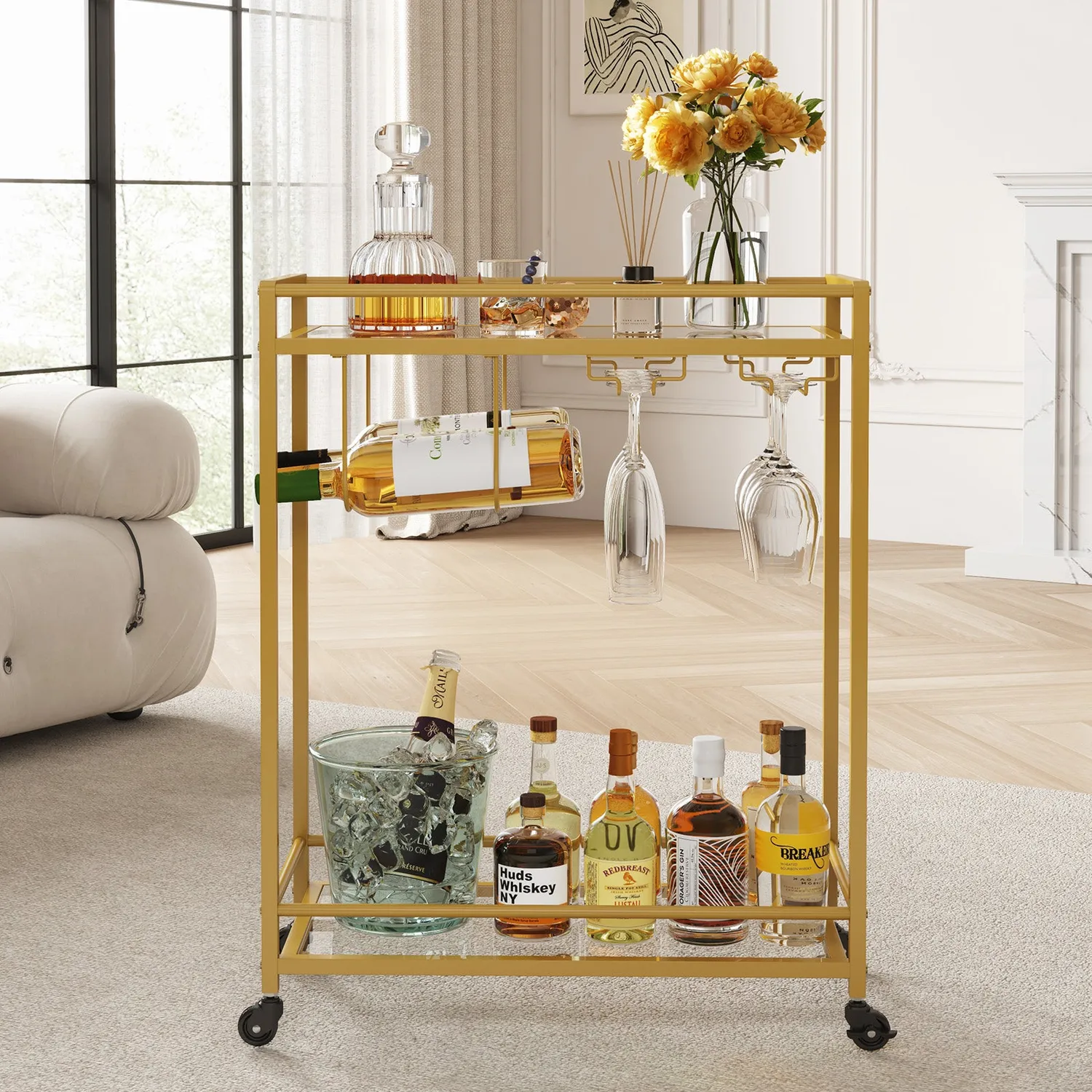 Lifewit Servierwagen Glas Gold 60 cm 2-stöckig