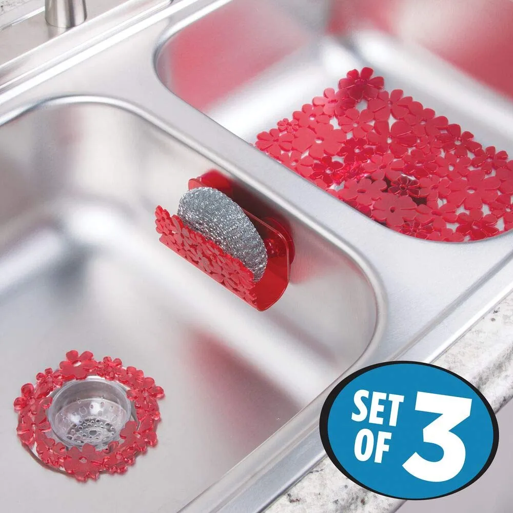 mDesign Spülbecken Set Rot 3er Floral für Doppelspüle