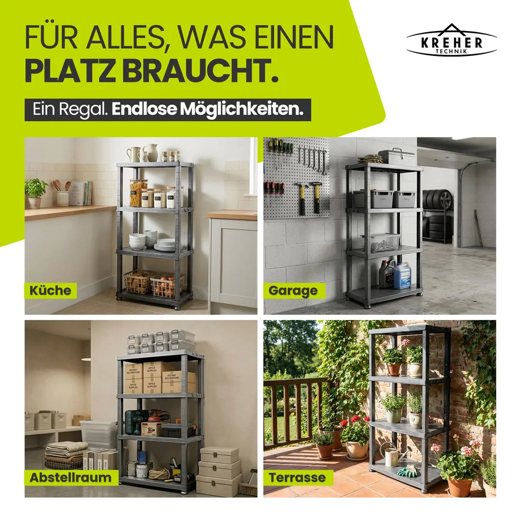 Kreher Neo Kunststoffregal 4 Böden 3er Set Grau 30 kg