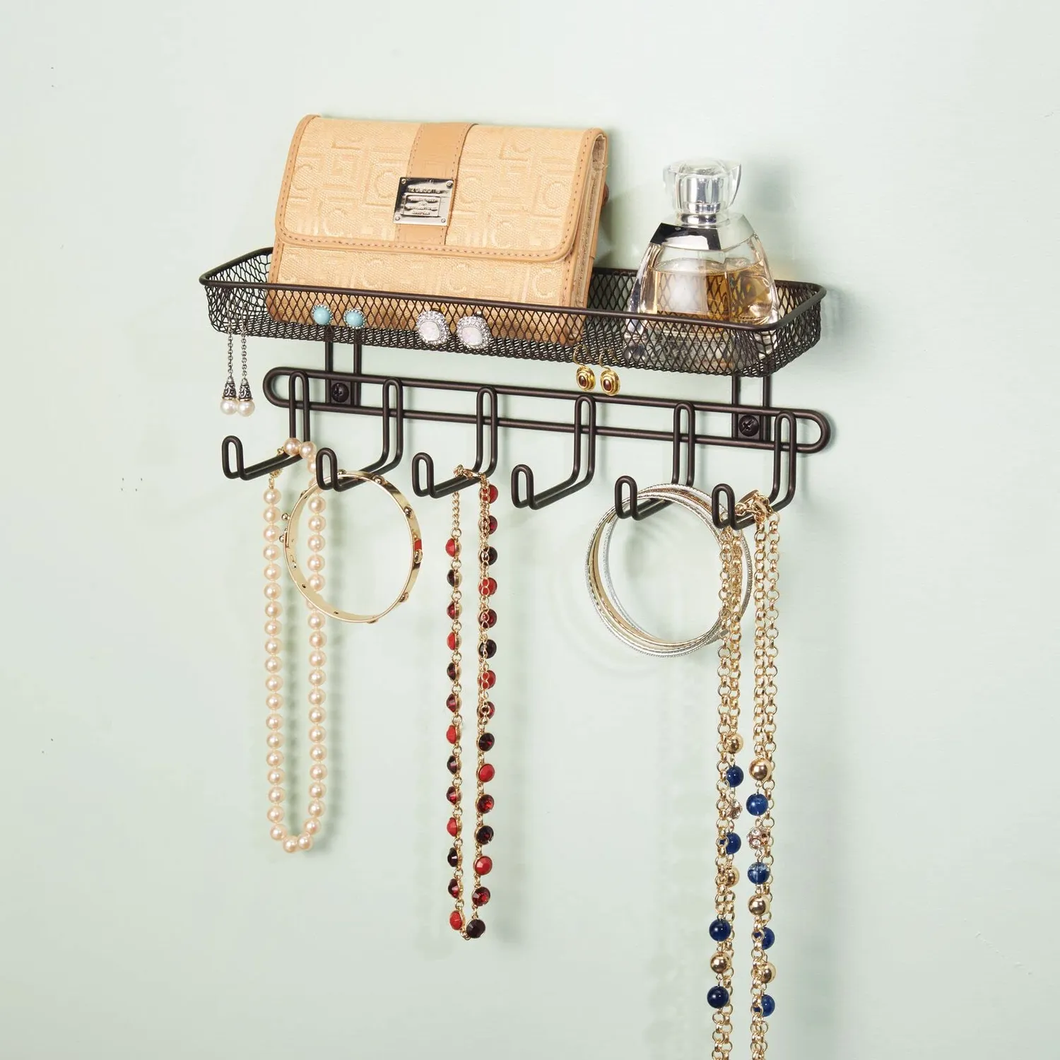 mDesign Schmuck-Organizer Wand 6 Haken Bronze 27,9 cm