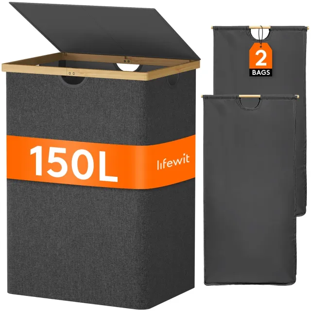 Lifewit 150L Wäschekorb Bambus Schwarz mit Deckel
