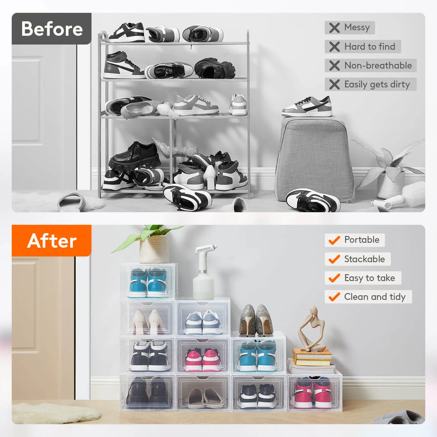 Lifewit Schuhbox stapelbar 6er transparent für Schuhe bis Gr. 46