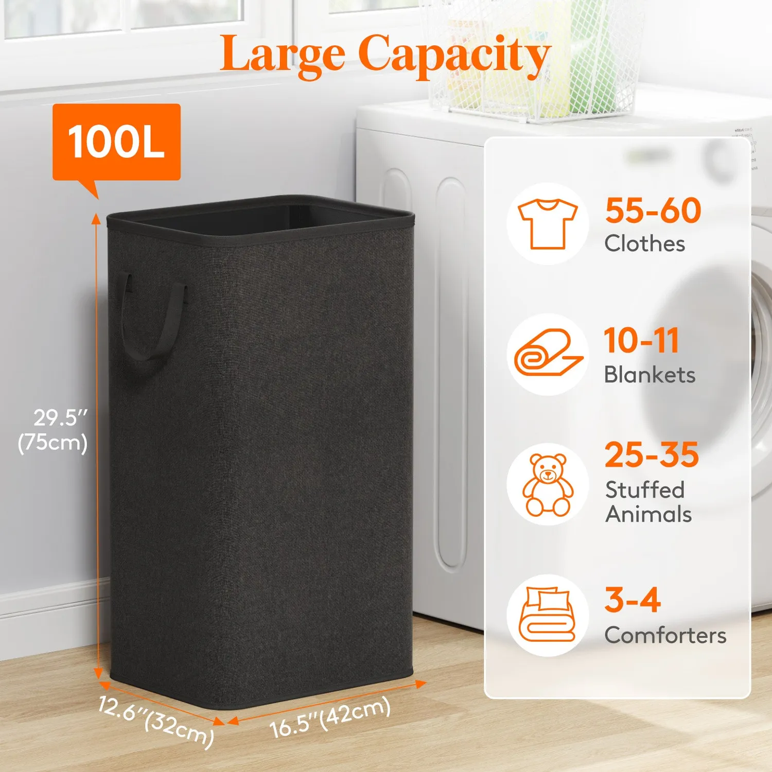 Lifewit Wäschekorb 100L Hoch Schwarz faltbar mit Griffen