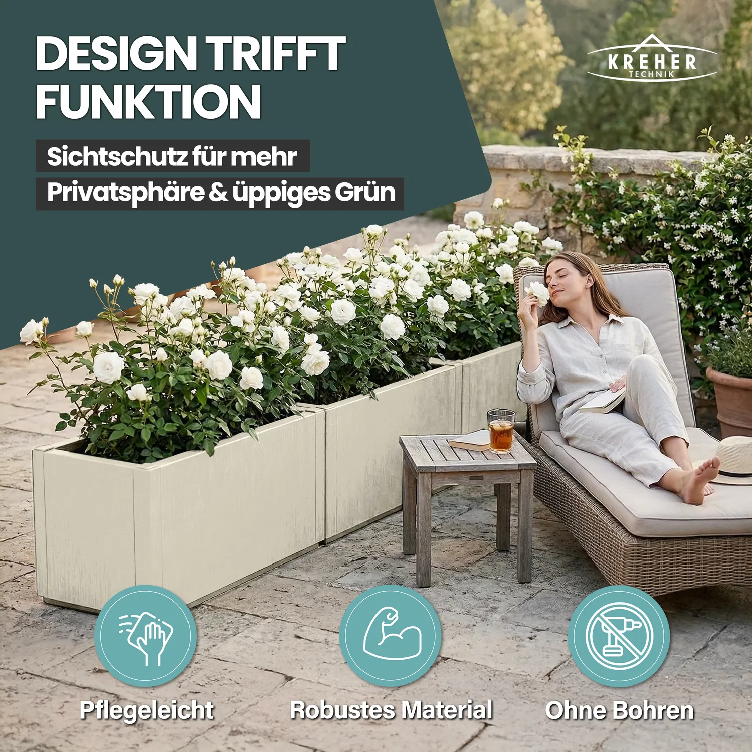 Kreher Ethica Pflanzkasten 80cm beige Struktur 80L