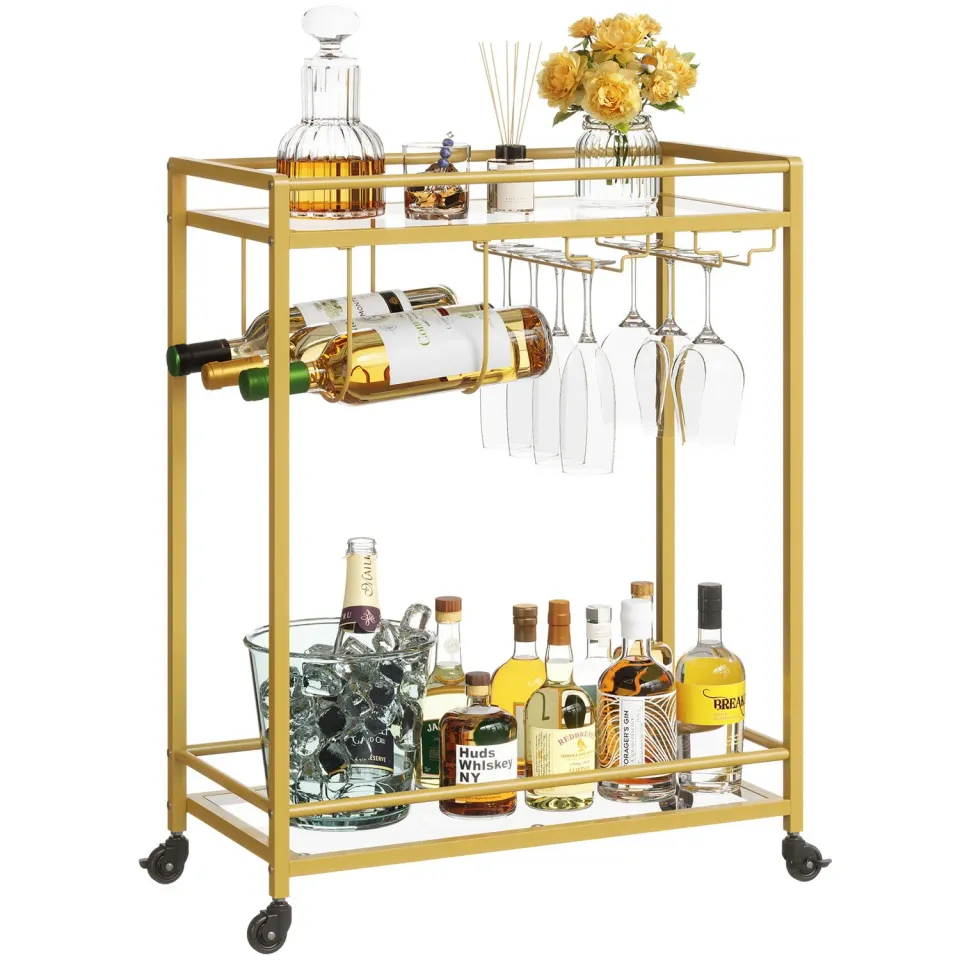 Lifewit Servierwagen Glas Gold 60 cm 2-stöckig